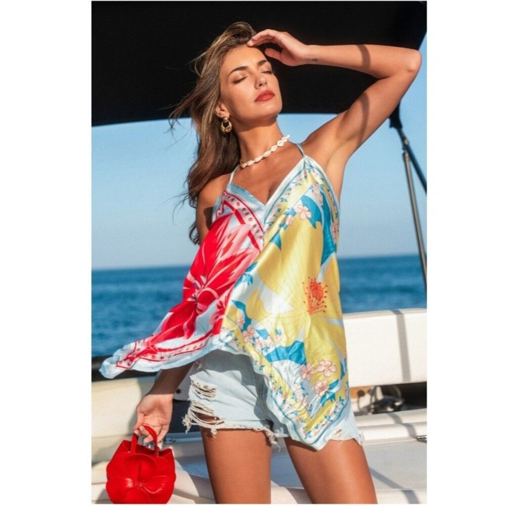 NWT CUPSHE Satin Floral Top Women’s Sleeveless Satin Blouse Petal Print - XL
